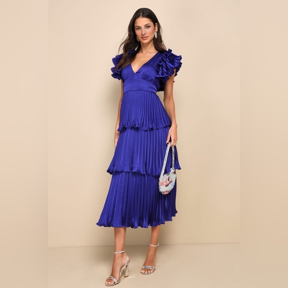 Lulus Dresses & Skirts - NWT Lulus Stunning Desire Cobalt Blue Satin Pleated Tiered Midi Dress MD